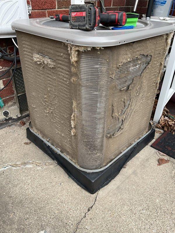 Performed ComfortGuard Maintenance Package service on HVAC system, addressing customer-reported noise from PVC pipe area near condensation pump. Inspected interior components, finding all electrical connections secure and control board functioning properly. Thoroughly cleaned severely dirt-caked outdoor condenser unit to restore proper airflow and system efficiency, and replaced filters as part of scheduled 5-year maintenance visit.