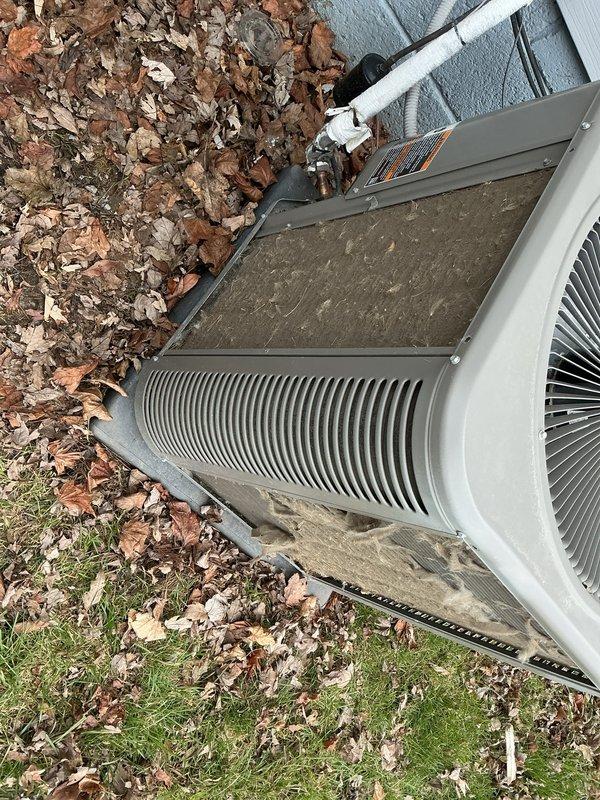 Performed annual maintenance service on outdoor AC unit. Inspected system components, cleared accumulated debris/leaves from around condenser, and verified proper operation of the unit. Recommended replacement of air filters/pads to maintain optimal system performance.
