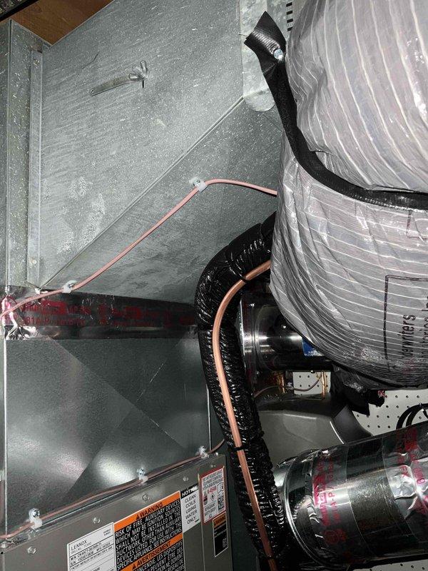# HVAC Install - Complete System - Comm Job Summary

Completed installation of air scrubber unit to existing commercial HVAC system. Mounted and integrated air purification equipment with air handler unit in mechanical space, establishing proper connections to ductwork system. Installed necessary electrical controls and wiring to control panel, ensuring proper power supply and system integration. Routed and secured refrigerant lines and duct connections with appropriate insulation materials. Verified all mounting brackets and support hardware for secure installation. System tested and confirmed operational upon completion.