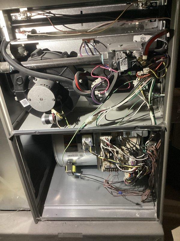 Completed scheduled Air Care Heating and Cooling maintenance on air handler unit. Performed comprehensive system inspection including internal components, blower motor assembly, refrigerant lines, electrical connections, and control board. Removed and inspected heavily soiled air filter showing significant dust accumulation; replaced filter to restore proper airflow and system efficiency.