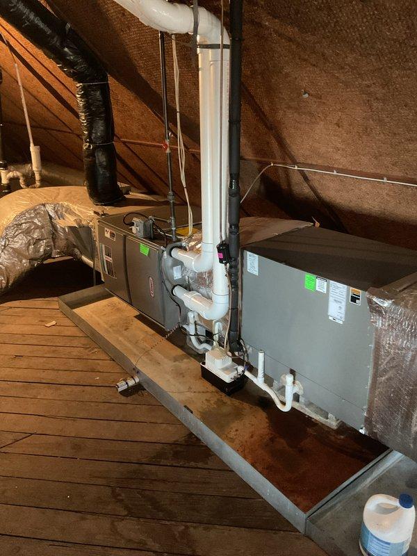 Completed annual furnace maintenance and tune-up on residential HVAC system as part of preventative Air Care Membership service. Performed comprehensive inspection of attic-mounted furnace and air handling unit, including examination of blower assembly, heat exchanger, electrical components, control boards, and all wiring connections. Verified proper operation of all mechanical and electrical systems, checked condensate drainage lines, and confirmed unit specifications meet manufacturer standards for optimal performance.