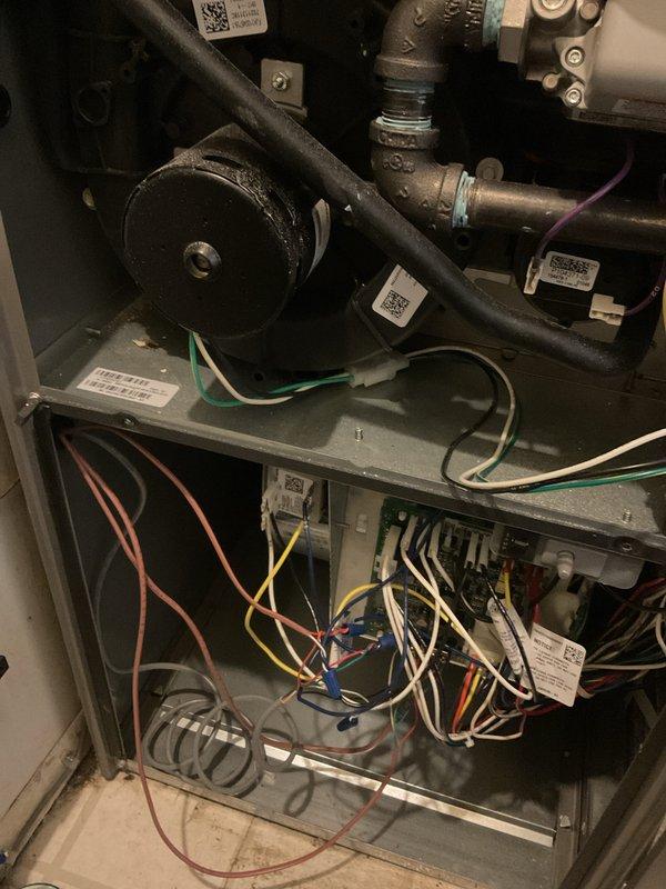 Completed comprehensive annual furnace maintenance and tune-up on residential heating system. Performed full system inspection including visual examination of all internal components, blower motor assembly, capacitor, gas valve connections, and electrical control board. Verified proper operation of Resideo control module, inspected all electrical connections and wiring harnesses for secure termination, checked copper gas piping and brass fittings for integrity, and confirmed all safety labels and component identification tags were present and legible. All components found operating within normal parameters with no immediate repairs required. System tested and left in proper working condition.