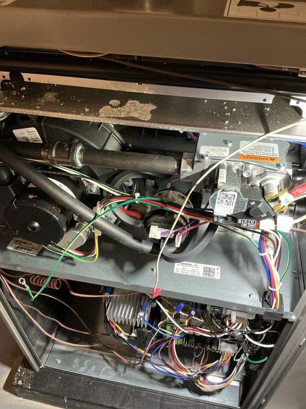 Completed annual furnace maintenance inspection per membership agreement on brand new furnace system. Performed comprehensive tune-up including visual inspection of all internal components, gas valve assembly, blower motor, heat exchanger, burner assembly, electrical connections, and control board. Verified proper wiring connections across all circuits, checked condensate drainage system, and documented equipment condition with photos showing minimal dust accumulation consistent with new installation. All components operating within manufacturer specifications with no issues found.