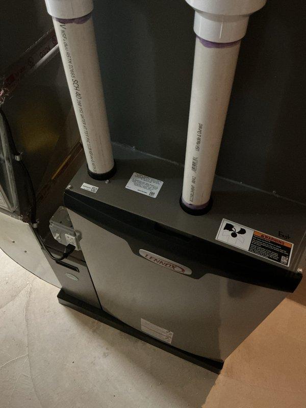 Completed complimentary annual furnace maintenance on Lennox heating system as part of preventative maintenance membership program. Performed comprehensive tune-up inspection on recently installed furnace unit (0 years old), verifying proper operation of all components, checking PVC venting connections, and ensuring system is running efficiently for the heating season. All equipment found in excellent condition with no issues identified during inspection.