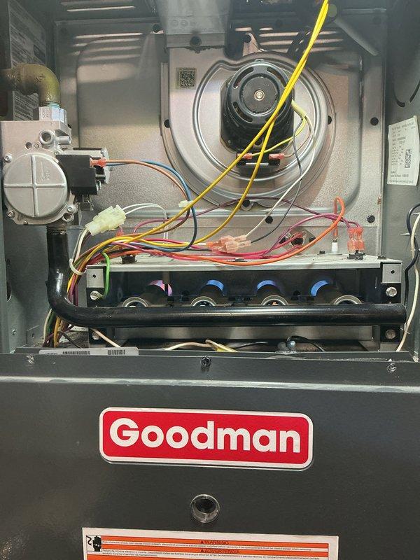 Completed annual furnace maintenance on Goodman brand gas furnace, model GMN080451BNE. Performed comprehensive tune-up including inspection of blower motor assembly, control board connections, and all electrical components. Verified proper operation of condensate pump and checked all wire connections throughout the unit. All components found to be functioning within manufacturer specifications.