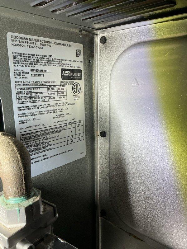 Completed annual furnace maintenance on Goodman brand gas furnace, model GMN080451BNE. Performed comprehensive tune-up including inspection of blower motor assembly, control board connections, and all electrical components. Verified proper operation of condensate pump and checked all wire connections throughout the unit. All components found to be functioning within manufacturer specifications.
