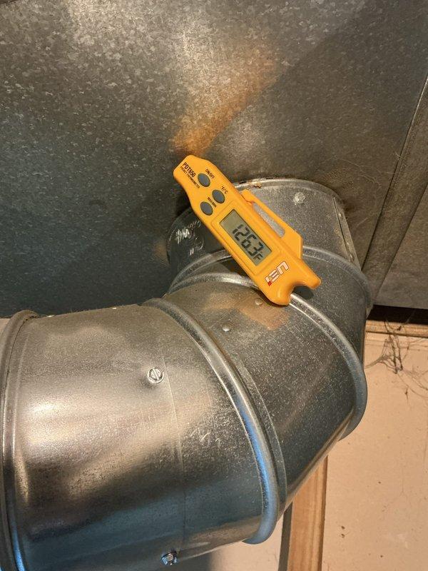 Completed scheduled HVAC maintenance inspection including temperature diagnostics of ductwork system, recording supply air temperature of 126.5°F to verify proper heating operation. Performed visual inspection of AO Smith water heater, checking copper piping connections, pressure relief valve, and overall unit condition as part of comprehensive mechanical systems evaluation.