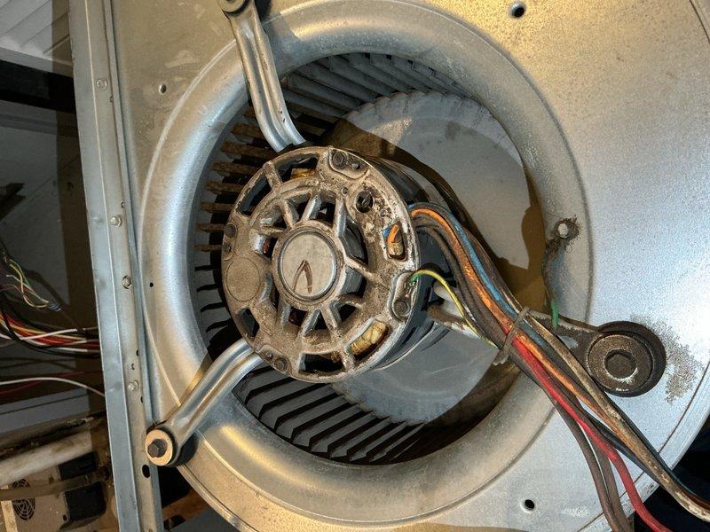 Responded to callback for furnace short cycling and loud squeaky blower noise. Accessed unit in closet location and inspected blower motor assembly. Found blower motor bearings worn and causing excessive noise during operation, contributing to equipment short cycling and inadequate heating. Disassembled blower assembly, removed defective motor, and installed replacement blower motor with proper electrical connections. Tested system operation, verified proper airflow, and confirmed furnace heating cycle completed without noise or short cycling issues.