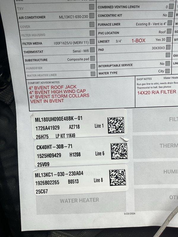 Completed full HVAC system installation including a 90,000 BTU gas furnace (model ML180UH090E48BK-01) and 2.5-ton air conditioning unit (model ML13KC1-030-230A04) configured for left-side positioning. Installed MERV 11 filter media (100F1625/U), Sensi Wi-Fi thermostat, 30x30x3 composite equipment pad, and 30-foot lineset with 3/4-inch refrigerant lines. Configured existing 8-inch B-vent with 4-inch concentric venting routed through roof jack with high wind cap and storm collar, reconnected all mechanical systems, and established power supply with weatherproof outlet installation in attic space.