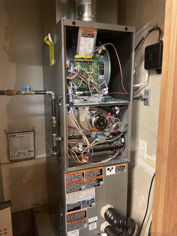 Completed annual furnace maintenance tune-up as part of preventive maintenance program. Performed comprehensive system inspection including electrical diagnostics using digital multimeter to verify proper voltage and amperage readings across all circuits and components. Inspected blower motor assembly, internal wiring connections, circuit board, and all mechanical components for proper operation and safety compliance. All systems tested and operating within manufacturer specifications with no issues identified.