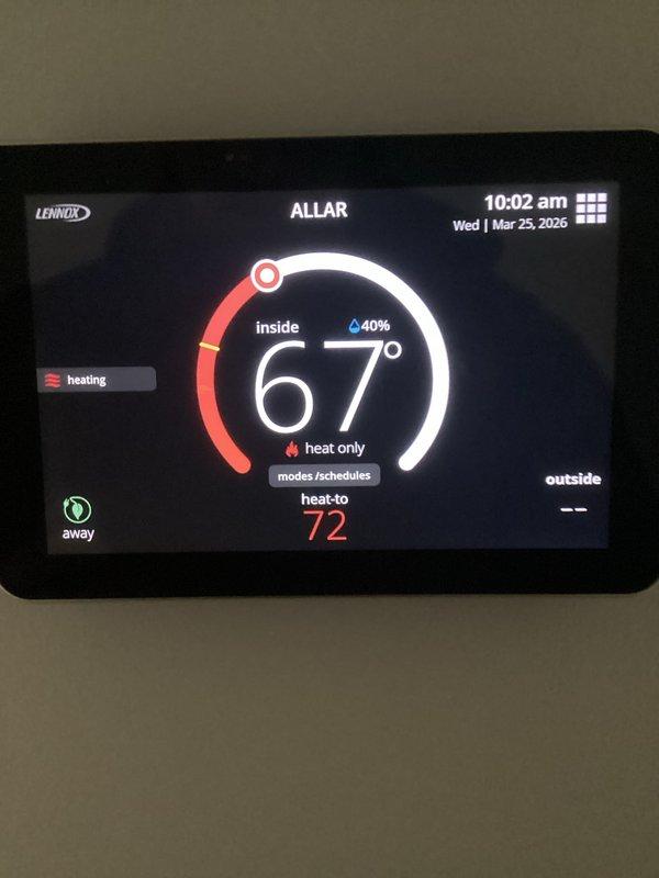 Completed annual heating maintenance tune-up on Lennox furnace system covered under Randazzo Air Care Membership. Performed comprehensive inspection of all internal components including inducer motor assembly, blower motor, gas valve, control board, and condensate collection system. Verified proper operation of digital thermostat displaying heating mode with setpoint at 72°F and current temperature at 67°F. Inspected all electrical connections, wire harnesses, and safety controls throughout upper, middle, and lower compartments of unit. Checked combustion air intake piping, verified secure mounting of all mechanical and electrical components, and confirmed system cycling properly in heating mode. All wiring connections found secure with proper color coding and routing. Control boards and electronic components inspected and found in good operational condition. System operating within normal parameters with no issues identified during maintenance inspection.