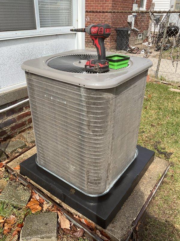 # HVAC Maintenance - ACM Completed

Performed comprehensive annual cooling maintenance on residential air conditioning system. Conducted thorough inspection of outdoor condenser unit, which exhibited significant accumulation of dirt, dust, and organic debris on exterior surfaces and cabinet panels. Cleaned condenser coils and exterior housing to restore proper airflow and heat transfer efficiency. 

Replaced furnace filter and humidifier pad as part of scheduled maintenance protocol. Inspected electrical connections, refrigerant levels, and operational performance of the condensing unit. Verified proper fan motor operation and checked for any unusual vibrations or noise. Cleared debris from base pad area and ensured adequate clearance around unit for optimal airflow.

System tested and confirmed operating within normal parameters. Unit returned to full operational status with improved efficiency following cleaning and component replacements.