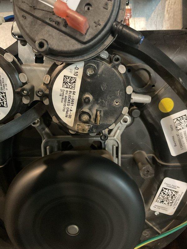 Responded to service call for 7-8 year old furnace in basement blowing cold air. Upon inspection, diagnosed faulty pressure switch preventing ignition sequence from completing. Replaced defective pressure switch, verified proper hose connections and drainage system operation, tested all safety controls, and confirmed unit returned to normal heating operation with proper temperature output.
