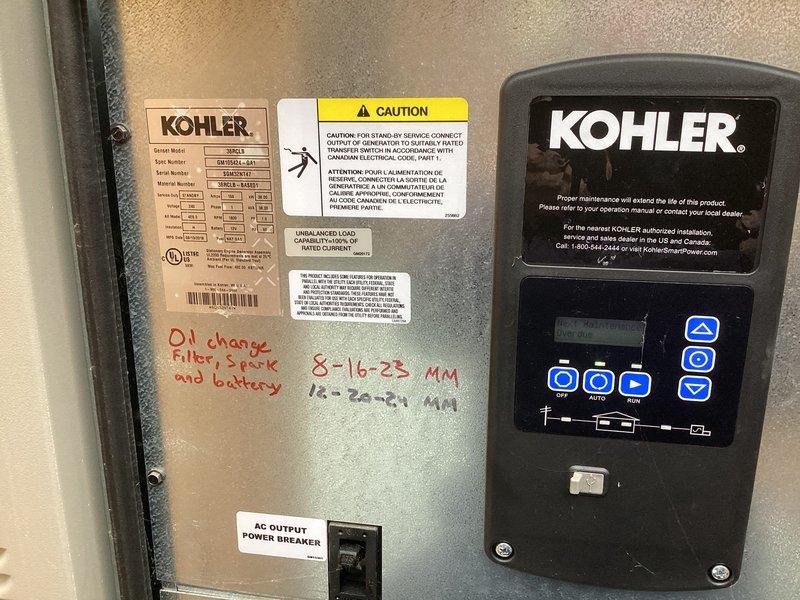 Performed scheduled maintenance on a 38kW Kohler standby generator, including oil and filter change, spark plug replacement, and battery service. Documented maintenance activities on unit control panel and verified proper operation of all systems, though noted the generator remains disconnected from remote monitoring application.