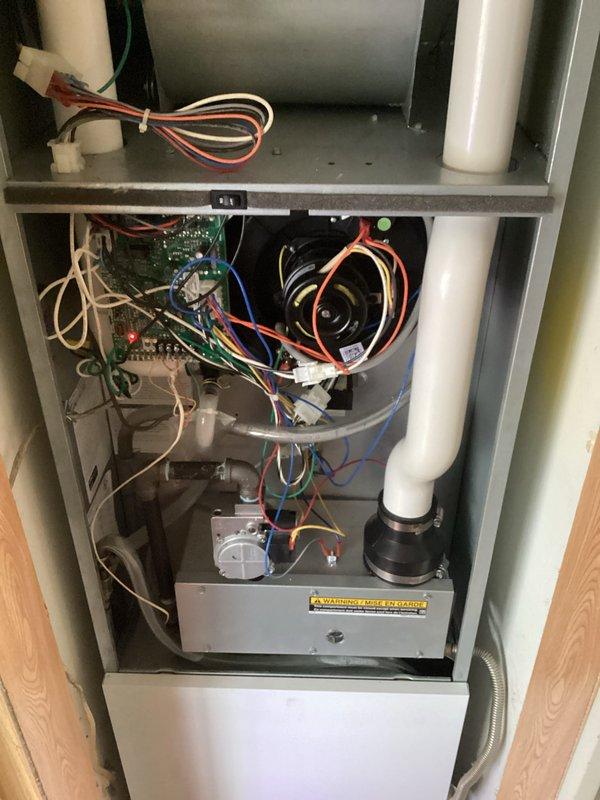 Performed comprehensive annual tune-up on 1-year-old forced air furnace system. Conducted thorough inspection of all major components including heat exchanger, burner assembly, gas valve, blower motor, control board, and electrical connections. Verified proper operation of ignition system, flame sensor, and safety controls. Cleaned burners, inspected flue piping and condensate drain system, checked all wiring harnesses and connections for secure mounting, and confirmed system cycling and airflow performance. All components operating within manufacturer specifications with no deficiencies noted. System returned to normal operation with proper heating functionality confirmed.