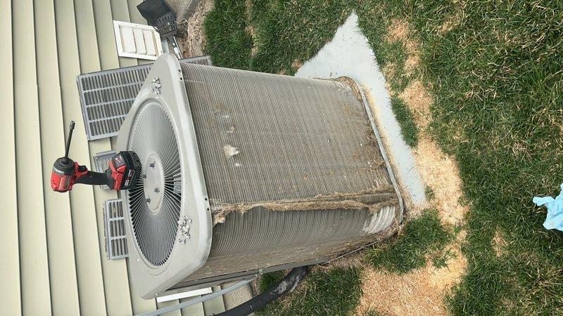 Completed scheduled air conditioning maintenance on residential condenser unit. Inspected outdoor unit which showed significant debris accumulation on coil fins including dirt, grass clippings, and organic material. Cleaned condenser coils, replaced air filter, and performed standard ACM maintenance procedures. Unit operational upon completion.