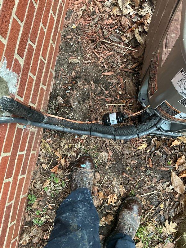 Completed full HVAC system installation including a 70,000 BTU furnace and 2-ton air conditioning unit with rear placement configuration. Obtained mechanical and electrical permits prior to installation, installed all necessary ductwork, condensate drainage lines, and electrical connections, then performed system reconnection and startup. All equipment tested and operational upon completion, with job site photos documenting the outdoor condenser unit placement and basement furnace installation with associated PVC venting and drainage systems.