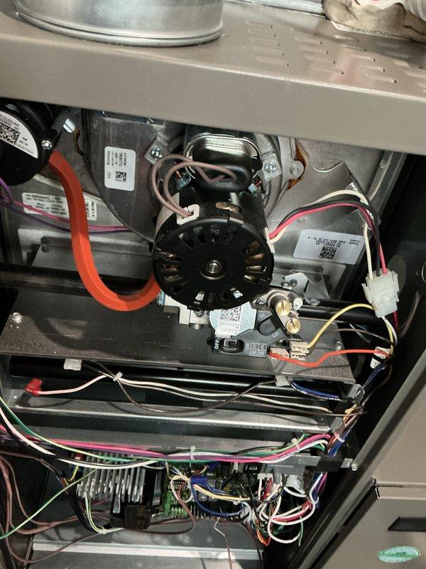 Completed annual furnace heating maintenance and tune-up on brand new heating system under membership agreement. Performed comprehensive inspection of blower motor assembly, electrical connections, and control board components. Verified all wiring harnesses, including red, white, pink, yellow, blue, green, and black wire connections were properly secured and functioning correctly. Inspected internal compartment components, motor mounting brackets, and ductwork connections. All systems tested and operating within normal parameters with no issues found.