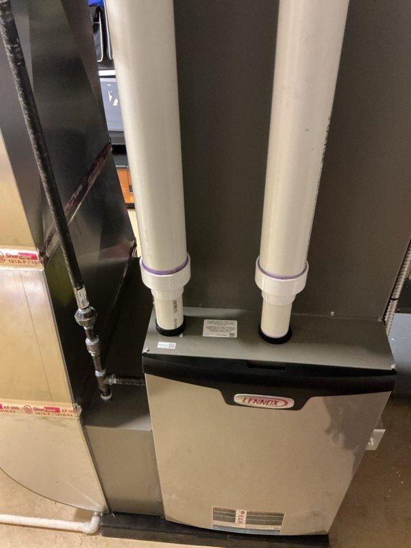 Completed routine HVAC maintenance on Lennox furnace and air handler system. Inspected unit operation, venting components, and ductwork connections, noting filter may require replacement at next service interval. All equipment found operating within normal parameters with proper venting infrastructure intact.