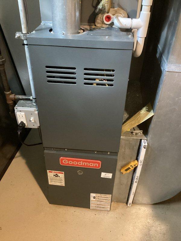 Completed annual furnace maintenance on Goodman heating unit, confirming proper operation of all components during tune-up inspection. Identified electrical code violation at outdoor condenser unit requiring correction: breaker amperage in main panel does not match 25A maximum overcurrent protection rating specified for condenser. Technician will return with 25A Siemens double-pole breaker and 25A fuses to install proper overcurrent protection and bring electrical service into code compliance.