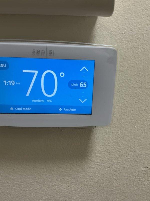 Completed routine Air Care Heating and Cooling maintenance inspection on HVAC system. Verified proper operation of Sensi digital thermostat in both heating and cooling modes, confirmed accurate temperature readings and humidity monitoring functionality at 70°F with system cycling appropriately. Documented carbon monoxide alarm and thermostat in good working condition with no service issues identified.