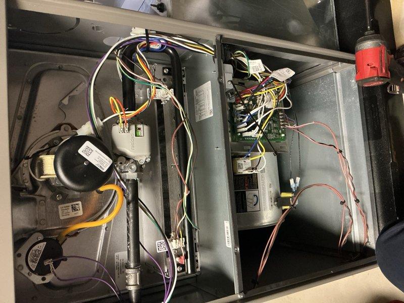 Completed annual furnace maintenance tune-up as part of Randazzo Air Care Membership on a 10-year-old unit. Performed comprehensive inspection of all internal components including blower motor assembly, electrical connections, control board, capacitors, and wiring harnesses. Verified proper operation of motor, checked all wire connections and secured bundling, inspected condensate drain lines and PVC piping for proper drainage, and examined capacitor mounting and functionality. All components found to be in functional condition with normal signs of use. System operating within manufacturer specifications with no deficiencies noted.
