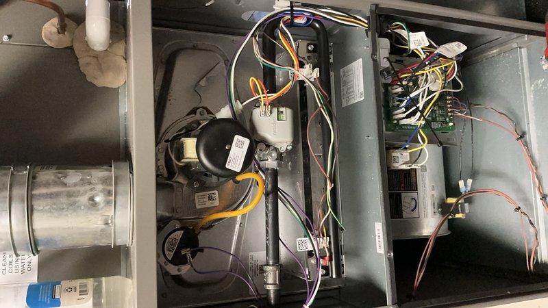 Completed annual furnace maintenance tune-up as part of Randazzo Air Care Membership on a 10-year-old unit. Performed comprehensive inspection of all internal components including blower motor assembly, electrical connections, control board, capacitors, and wiring harnesses. Verified proper operation of motor, checked all wire connections and secured bundling, inspected condensate drain lines and PVC piping for proper drainage, and examined capacitor mounting and functionality. All components found to be in functional condition with normal signs of use. System operating within manufacturer specifications with no deficiencies noted.