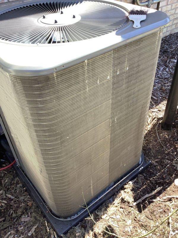 Completed scheduled Air Care Heating and Cooling maintenance on residential HVAC system. Inspected outdoor condenser unit, confirmed proper operation of fan motor and compressor, checked refrigerant levels, and cleaned condenser coils. Verified electrical connections at disconnect box, tested capacitor readings, and ensured adequate airflow through louvered panels. Unit operating within normal parameters with no deficiencies noted at time of service.