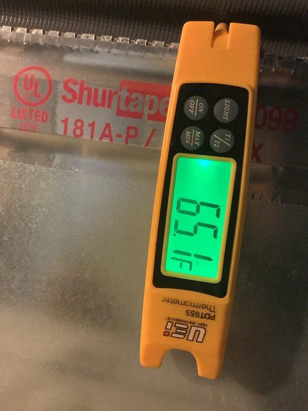 Completed scheduled preventive maintenance on air conditioning system. Inspected and measured system temperatures, recording evaporator coil temperature at 23.1°F. Removed and assessed air filter, which showed significant accumulation of dust and debris requiring replacement to maintain proper airflow and system efficiency.