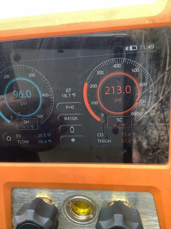 Performed comprehensive AC tune-up and maintenance on 10-year-old Lennox HVAC system. Measured system pressures using digital manifold gauges, confirming R410A refrigerant charge at 96.0 psi low side and 213.0 psi high side with proper superheat and subcooling temperatures. Verified system operation with infrared thermometer, confirming all components functioning correctly and unit operating within manufacturer specifications.