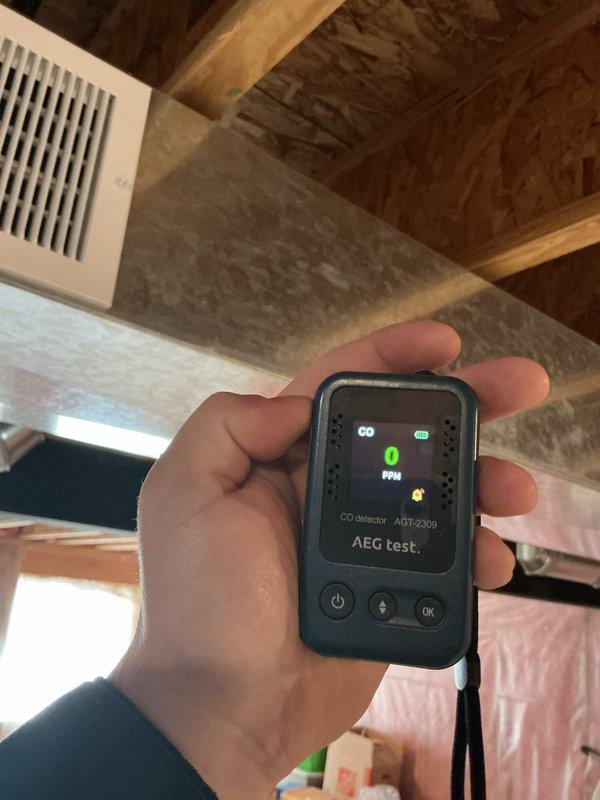 Performed combustion analysis on heating system using calibrated CO detector and dual port manometer. Measured and documented carbon monoxide levels, gas pressure readings at 1710 PSIG and 124 inWG, and verified proper combustion efficiency. Equipment tested and confirmed safe operating parameters within manufacturer specifications.