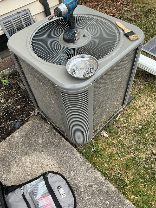 Completed comprehensive ComfortGuard preventative maintenance service on residential air conditioning system. Performed thorough inspection and cleaning of outdoor condenser unit, installed new concrete equipment pad for improved drainage and equipment stability, and replaced all four air filters throughout the HVAC system to ensure optimal airflow and indoor air quality. Unit tested and operating within normal parameters upon service completion.