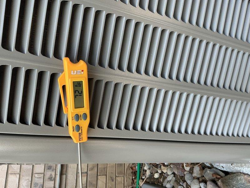 Completed routine Air Care Maintenance on residential cooling system. Performed temperature diagnostics at supply register, recording 72.1°F discharge air temperature. Inspected outdoor condensing unit, noting significant debris accumulation on condenser coils requiring attention during next service visit, and verified all refrigerant line connections and drain components were secure and functioning properly.