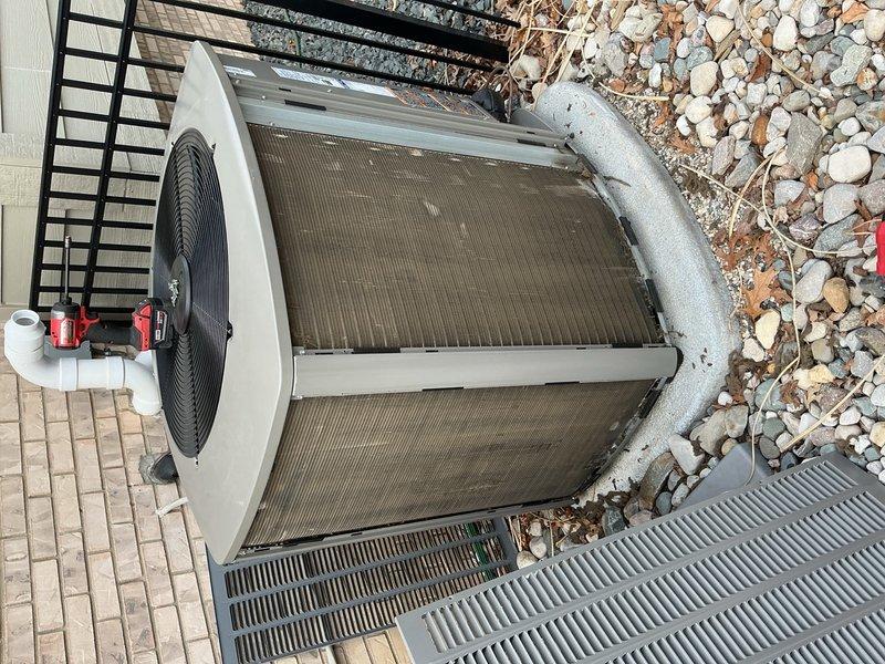 Completed routine Air Care Maintenance on residential cooling system. Performed temperature diagnostics at supply register, recording 72.1°F discharge air temperature. Inspected outdoor condensing unit, noting significant debris accumulation on condenser coils requiring attention during next service visit, and verified all refrigerant line connections and drain components were secure and functioning properly.