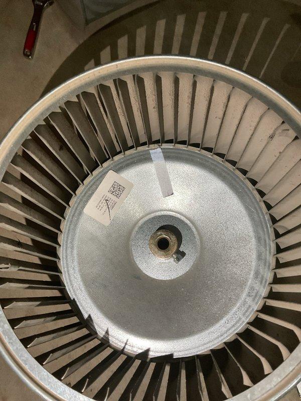 Replaced damaged blower wheel bracing and performed thorough cleaning of the blower wheel assembly to restore proper airflow and system operation. Unit tested and confirmed operational upon completion.