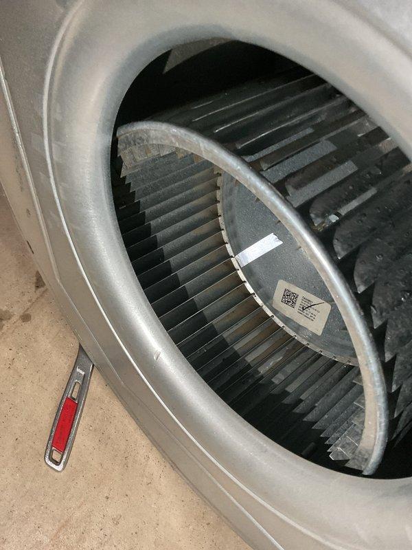 Replaced damaged blower wheel bracing and performed thorough cleaning of the blower wheel assembly to restore proper airflow and system operation. Unit tested and confirmed operational upon completion.