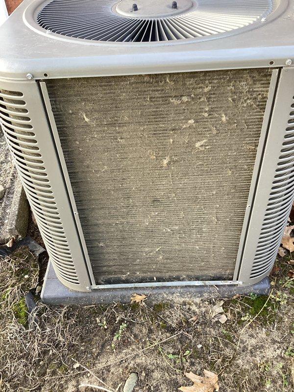 Completed annual air conditioning maintenance inspection on outdoor condensing unit. Upon arrival, noted heavy dirt and debris accumulation on condenser coil fins with visible contamination affecting airflow efficiency. Performed standard ACM protocol including visual inspection of all accessible components, checked electrical connections, and assessed overall unit operation. Condenser coil showed significant soiling requiring attention for optimal performance. Unit operational at time of service. Documented equipment condition with photographs and presented customer with maintenance renewal options to ensure continued system reliability.