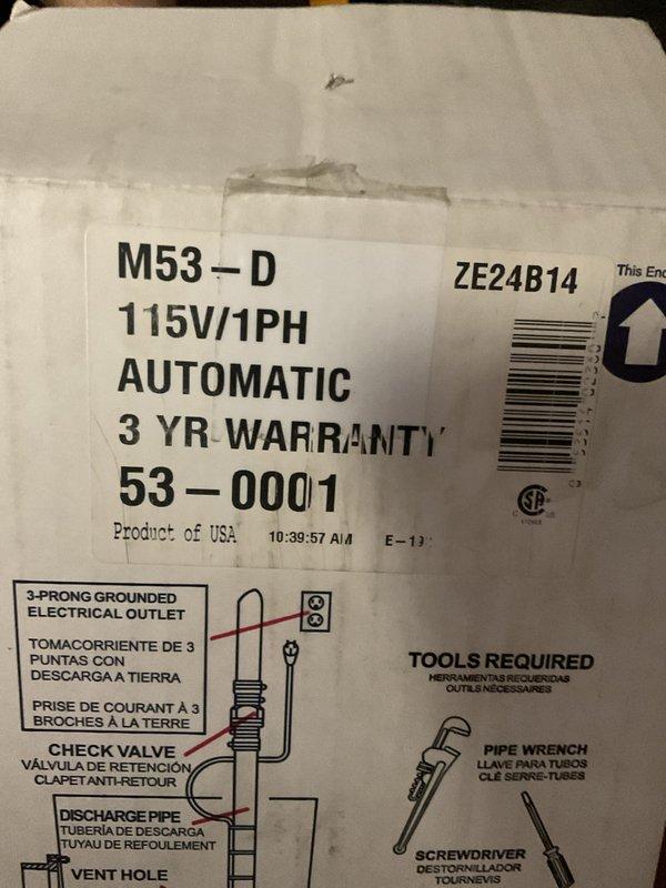 Installed a new M53-D submersible sump pump system with automatic float switch operation in existing basement sump basin. Connected discharge piping using white PVC with proper check valve installation to prevent backflow, secured all pipe connections with metal clamps, and verified vent hole placement for proper air circulation. Tested pump operation and float switch functionality to ensure automatic activation at appropriate water levels, confirmed proper drainage through discharge line, and left system fully operational with three-year manufacturer warranty coverage.