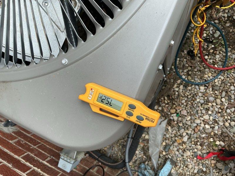 Completed scheduled Air Care Cooling maintenance on residential outdoor condensing unit. Performed comprehensive system inspection, measured operating temperatures and pressures using digital thermometer and manifold gauges, verified refrigerant levels, and confirmed proper unit operation. All components found functioning within normal parameters with no deficiencies noted.