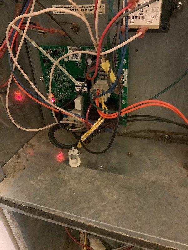 Diagnosed HVAC system with faulty control board and failed blower motor. Verified gas burner operation showing proper blue flame combustion. Ordered replacement control board (Part #903429A) and blower motor from supply house under PO #1305393-001. Return visit scheduled to complete installation of both components and restore system to full operation.