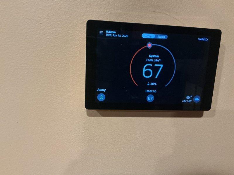 Completed annual HVAC maintenance inspection on Lennox system. Verified thermostat operation and confirmed proper temperature readings and system functionality. Inspected air filtration system in attic space and checked ductwork connections for proper seal and airflow.