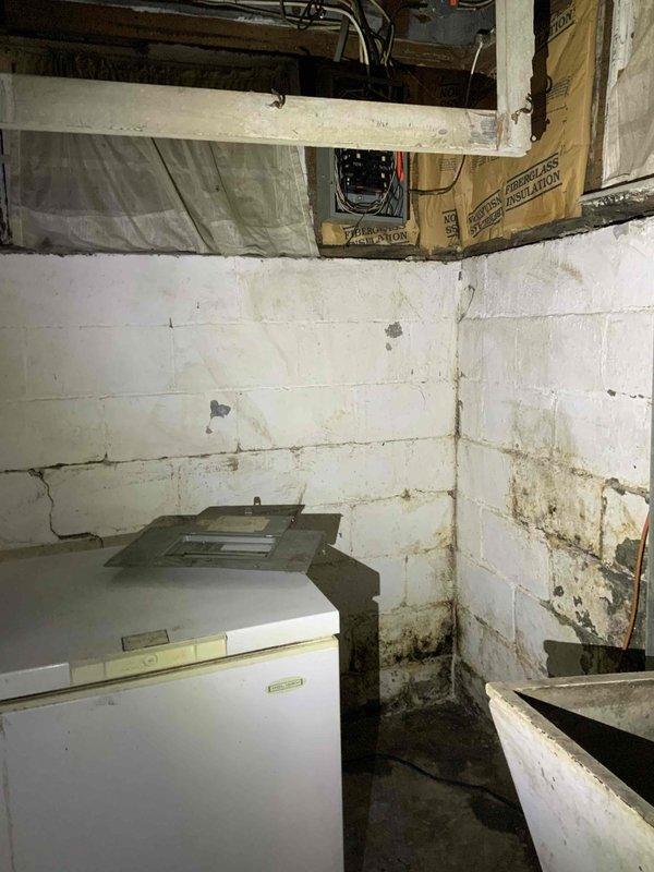 Conducted comprehensive electrical panel upgrade estimate in unfinished basement area. Assessed existing gray metal circuit breaker panel with dual-row breaker configuration, evaluating current wiring conditions including mixed conductor types entering from top and bottom of enclosure. Documented panel location in corner area with exposed ceiling joists and identified accessibility considerations including basement moisture conditions evidenced by wall staining and deterioration on cinder block surfaces. Photographed existing electrical infrastructure, noting wire routing through wooden framing members and current breaker arrangement with indicator markings. Evaluated surrounding environment including proximity to insulation materials and freezer appliance to determine clearance requirements for potential panel replacement or upgrade work.