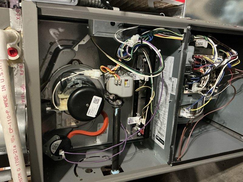 Completed comprehensive ComfortGuard Maintenance Package on a three-year-old forced air furnace and air conditioning system. Performed full AC tune-up including inspection of blower motor assembly, electrical connections, and control board components. Verified all wire connections were secure with proper color-coded terminations, inspected motor windings and capacitor, checked refrigerant lines and drainage system, and tested all electrical controls for proper operation. Removed access panels to examine internal components, confirmed blower assembly functioning correctly with no unusual wear or debris accumulation. Inspected control board for any signs of overheating or component failure, verified all safety switches and relays operating within specifications. Checked all wire harnesses and connectors for signs of deterioration or loose connections. System operating at optimal performance with no deficiencies noted; all components within manufacturer specifications and ready for contin