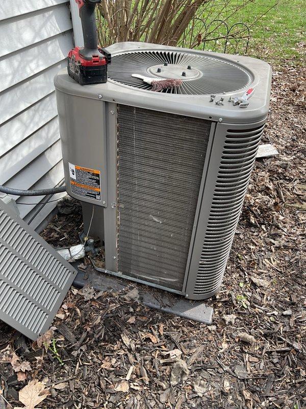 Completed annual HVAC maintenance on heating and cooling system. Inspected interior furnace components including gas valve assembly, electrical connections, and blower assembly; all components found in proper working order. Serviced outdoor condenser unit, cleared debris and vegetation from base and surrounding area, and verified proper operation of fan assembly.