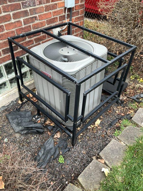 Completed annual cooling maintenance on Lennox outdoor condenser unit. Performed comprehensive system inspection, verified proper operation of all components, and documented equipment condition with protective cage enclosure in place. Unit operating within normal parameters with no immediate service needs identified.