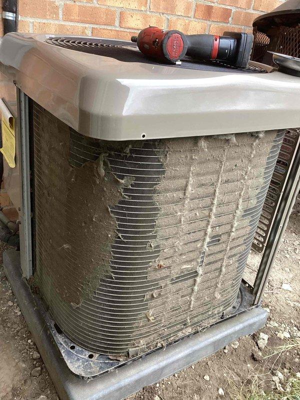 Completed comprehensive spring air conditioning maintenance tune-up on outdoor condenser unit. Performed thorough cleaning of condenser coils and fins which showed significant dirt and debris accumulation, inspected electrical connections and refrigerant levels, and verified proper system operation. Provided estimate for upgraded thermostat replacement per request and discussed air scrubber installation options with recommendations for improved indoor air quality.