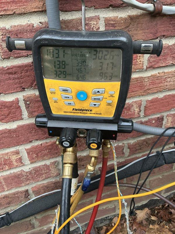 Completed routine spring air conditioning maintenance on a 10-year-old residential AC system. Performed comprehensive tune-up including inspection of indoor furnace unit, tested system pressures and temperatures using digital manifold gauges, and verified proper refrigerant levels and operating parameters. System found to be functioning properly with no deficiencies noted.