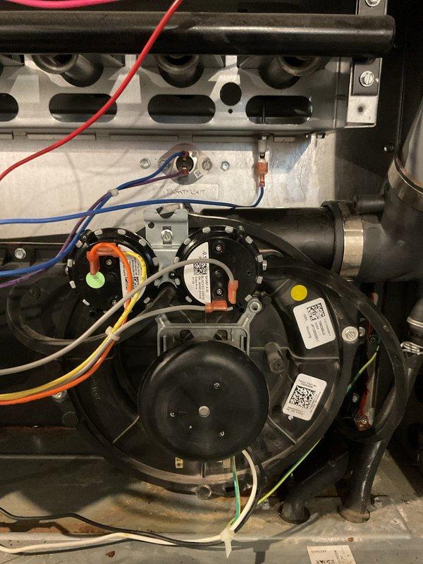 Installed temporary pressure switch on HVAC system to restore operation. Verified proper electrical connections to blower motor assembly and confirmed system functionality. Follow-up visit scheduled to install permanent pressure switch replacement (Part # L47714) and remove temporary component.