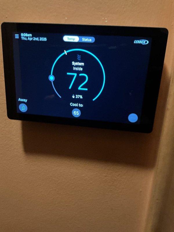 Completed routine Air Care Maintenance inspection on Lennox cooling system. Unit operating properly with thermostat displaying correct temperature readings and system responding appropriately to cooling demands. No deficiencies identified during inspection, and no corrective actions were required at this time.