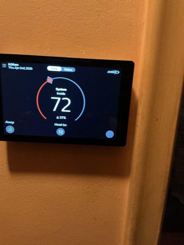 Completed routine Air Care Maintenance inspection on Lennox cooling system. Unit operating properly with thermostat displaying correct temperature readings and system responding appropriately to cooling demands. No deficiencies identified during inspection, and no corrective actions were required at this time.